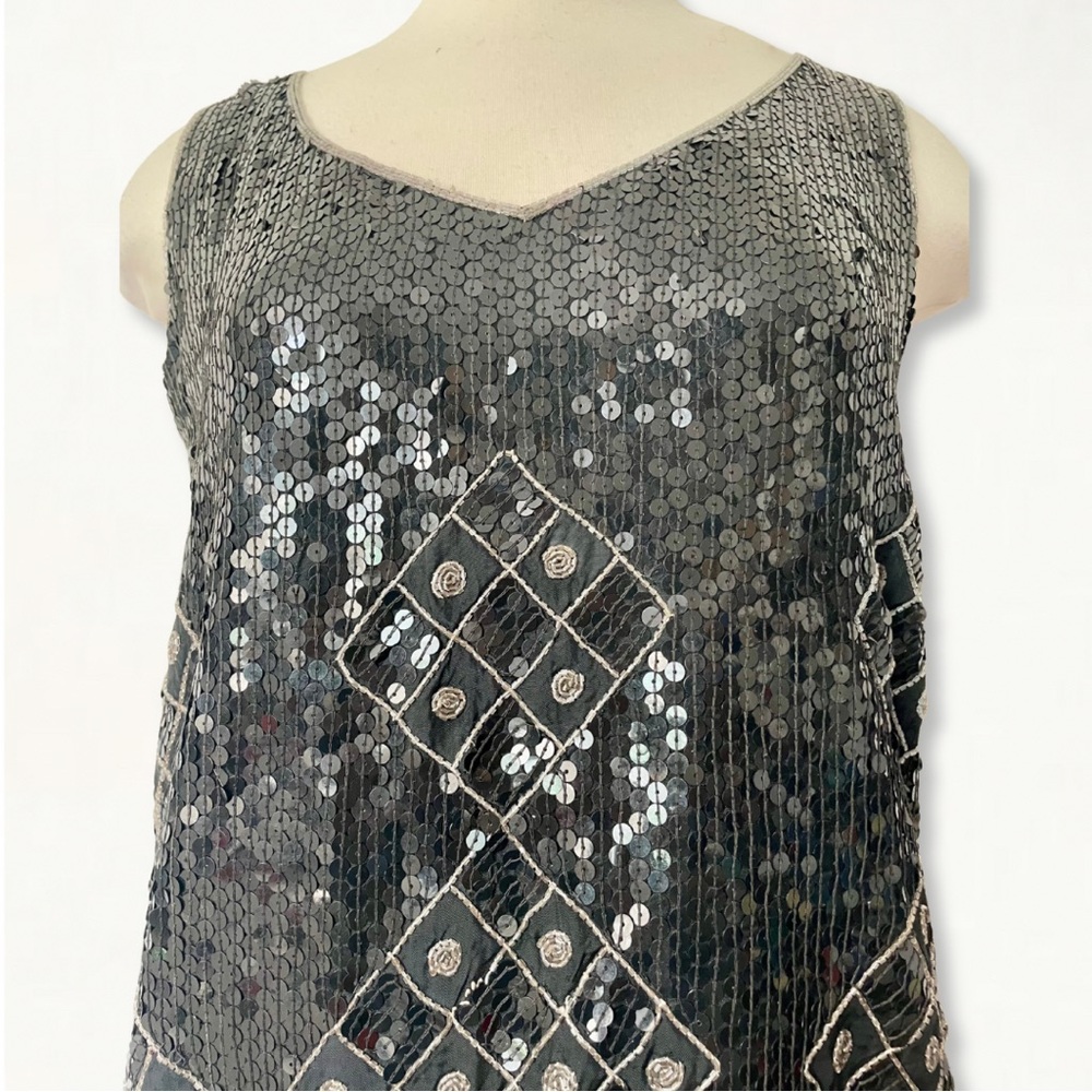 Vintage 100% Silk Full Sequin Geometric Beaded Sleeveless Top Size 12 - Picture 3 of 11